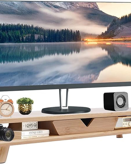 2-Tier Bamboo Monitor Stand Riser with Drawer, 24''L x 8''W x 4.5''H, Computer Monitor Riser Shelf for Desk for Laptop, Printer & Speaker, No Assembly Required, 110lbs Load Capacity