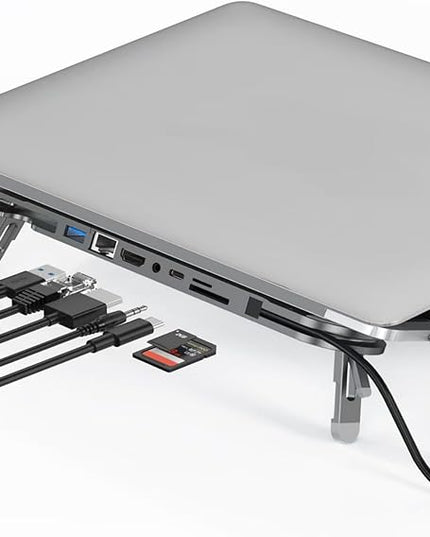Aluminum USB C Laptop Stand 7 Port Expansion Adapter 4K60Hz 100W Charging Gigabit Ethernet Card Reader Foldable Computer Type C Docking Station