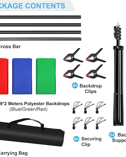 PULUZ Photo Background Support System with 9.5x6.5ft/300x200cm Backdrop Stand Kit, Portable greenscreen Background and Blue Red Backdrop for Photography, Video Shooting, Live Streaming, Party