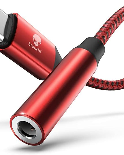 Stouchi USB C to 3.5mm Dongle Adapter, Type C Headphone Audio Jack Cable Cord Hi-Fi DAC Chip for iPhone 17/16 /15, Pixel 9/8 /7/6, iPad, Samsung Galaxy S25 S24 S23 Ultra (1, Red, 0.38ft*1)