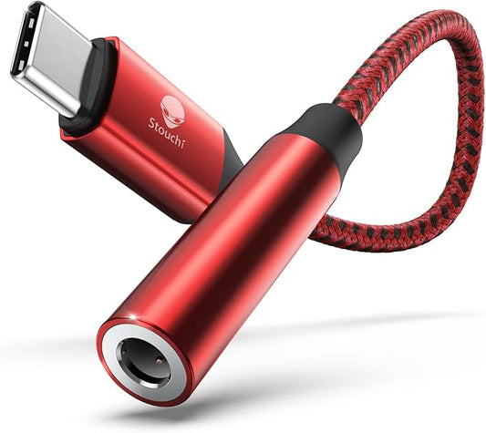 Stouchi USB C to 3.5mm Dongle Adapter, Type C Headphone Audio Jack Cable Cord Hi-Fi DAC Chip for iPhone 17/16 /15, Pixel 9/8 /7/6, iPad, Samsung Galaxy S25 S24 S23 Ultra (1, Red, 0.38ft*1)