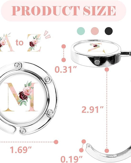 Iqimott 3pcs Personalized Initial Foldable Purse Hook for Table, Flower Letter Folding Handbag Hanger Portable Magnet Table Hook Holder, Collection Desk Purse Hooks for Women Bag (Pink-M)