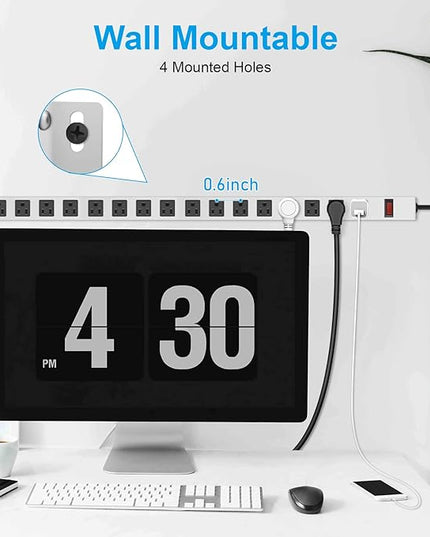 JUNNUJ Metal 16 Outlet Power Strip, Mountable Heavy Duty Power Strip, 1200J Surge Protector Wall Mount Screws Outlet with Switch, Gaming Desk Strips Wide Spaced 15A 125V 1875W, 6 FT 14AWG Power Cord