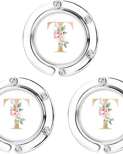 Iqimott 3pcs Personalized Initial Foldable Purse Hook for Table, Flower Letter Folding Handbag Hanger Portable Magnet Table Hook Holder, Collection Desk Purse Hooks for Women Bag (Pink-T)