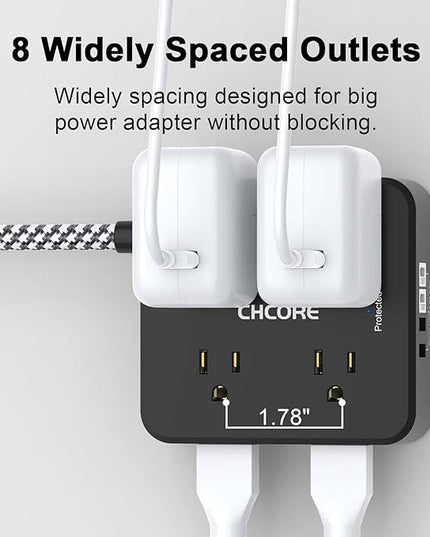 Surge Protector Power Strip - CHCORE 20Ft Braided Extension Cord with 8 Outlets with 4 USB (2 USB C) Charging Ports, Flat Plug Multi Plug Outlet Extender Charging Station for Home Office, ETL, Black