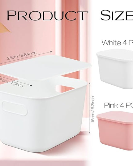 Hoolerry 8 Pieces Colorful Storage Bins with Lid, Plastic Storage Basket Organizing Container Stackable Box with Handle for Shelves Desktop Playroom Office(9.8 x 7.1 x 6.3 Inch,White and Pink)