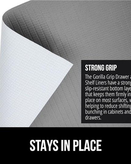 GORILLA GRIP DripGuard Shelf Liner, Non Adhesive Drawer and Kitchen Cabinet Protector, Slip Resistant BPA Free Smooth Surface Plastic Liners for Cabinets, Bathrooms, Closets, 17.5x240 Inch, Gray