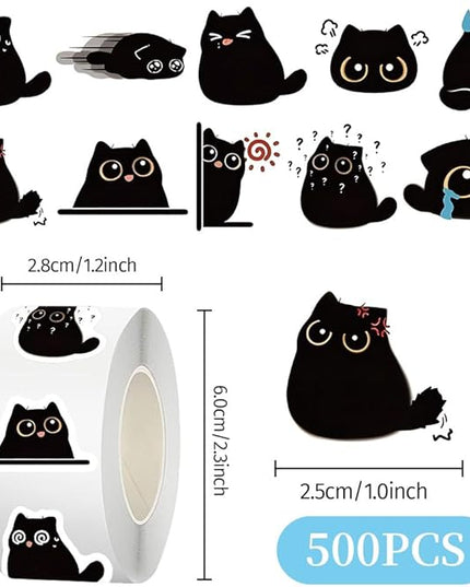 500 Pcs Black Cat Stickers Roll, 10 Styles Cute Cartoon Kitten Sticker, Waterproof Vinyl Cat Party Favors for Journals, Laptops, Scrapbooking Bulk Stickers for School & Birthday Goodie Bags