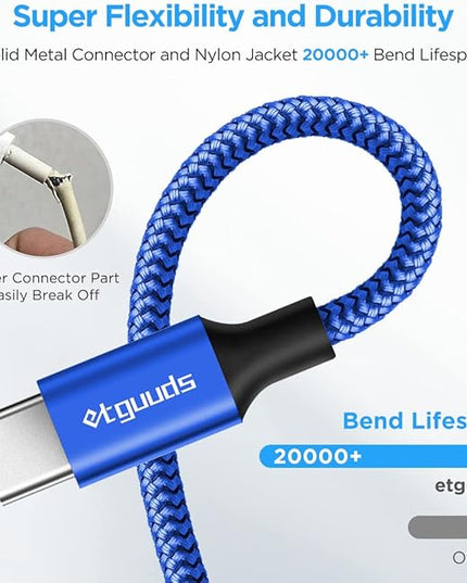 etguuds USB A to USB C Cable 4ft, 2-Pack, 3A Fast Charging Type C Charger Cord for iPhone 17 16 15 Pro Max 16e 17 Air, Samsung Galaxy S25 S24 S23 S22 S21 S20 A17 A16 A56 A55 Flip Fold, Blue