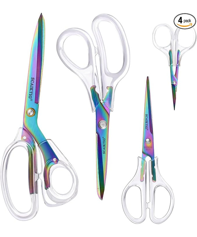 SCAIKTIG Acrylic Scissors, 4-Pack (9.4"/8"/6.8"/4"), Clear Comfort-Grip Handles, Titanium Coated Blades, Sharp, Heavy Duty, Ambidextrous, Transparent + Rainbow