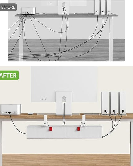 KEEGH No Drill Under Desk Cable Management Tray - 28" Cord Management Under Desk - Clamp/Screw Mount - Support Upto 70lbs - Fabric Wire Management - Gaming/PC Cable Raceways for Office/Home, White