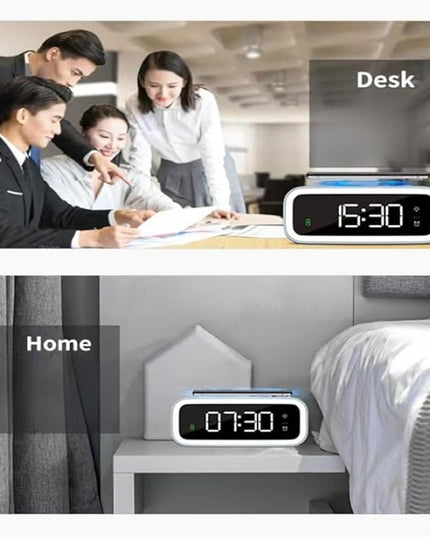 AYI 4in1 Smart Wireless Charging Alarm Clock with Mirror Display | 15W Fast Charger for Phone & Earbuds, 3 Group Alarms, Warm White/Yellow Night Light, Temperature Display Extra USB Port-White