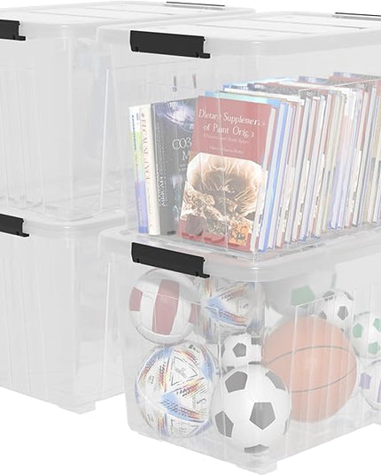 70 Quart Large Plastic Storage Box, Clear Latching Bin with Lid and Wheels, 4 Packs