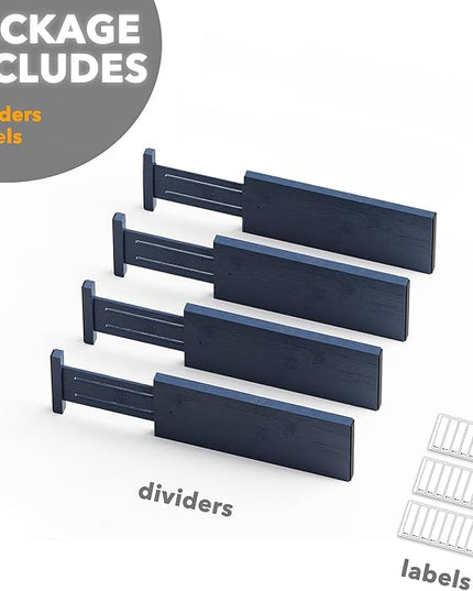 SpaceAid Bamboo 4 Pack Dresser Drawer Dividers, 4.65“ High Adjustable 12.5“-17” Drawer Organizers, Expandable Organization for Clothing, Clothes, Dressers, Navy Blue
