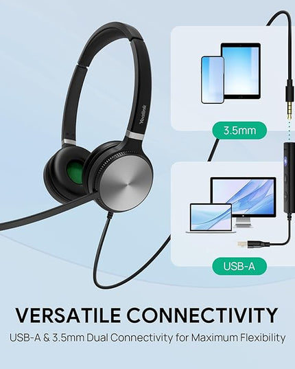 Yealink UH36 Professional USB Headset Wired Headphones for Work Calls and Music, Headset with Noise Cancelling Mic for Computer PC Laptop（UC Compatible, Mono,3.5mm Jack/USB Connection）
