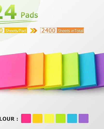 Sticky Notes 3x3 inch Bright Colors Self-Stick Pads 24 Pads/Pack 70 Sheets/Pad Total 1680 Sheets