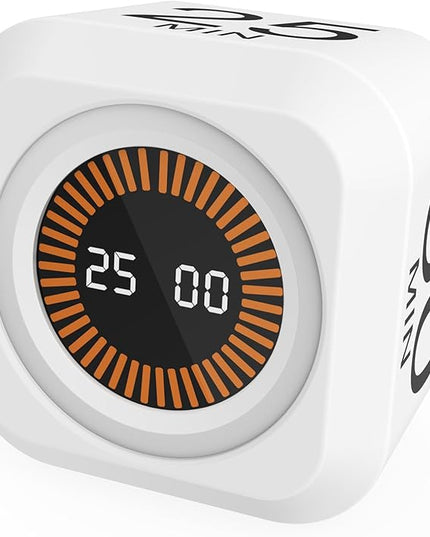 Rotating Cube Pomodoro Timer 5, 25, 10, 50 Min Preset + Custom Countdown, Desk Productivity Flip Visual Timer w/Silicone Case, Silent Mode, Ideal for ADHD Tool Study Work School (White)