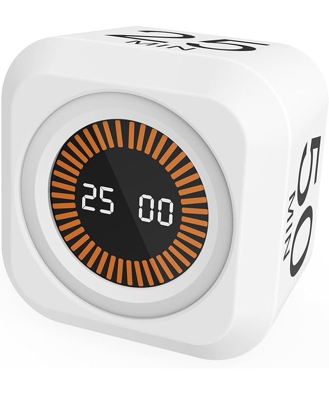 Rotating Cube Pomodoro Timer 5, 25, 10, 50 Min Preset + Custom Countdown, Desk Productivity Flip Visual Timer w/Silicone Case, Silent Mode, Ideal for ADHD Tool Study Work School (White)