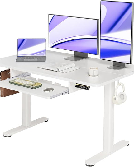 YDN Standing Desk, Height Adjustable Computer Desk with Keyboard Tray, 48 Inch White Ergonomic Desk for Home Office and Gaming