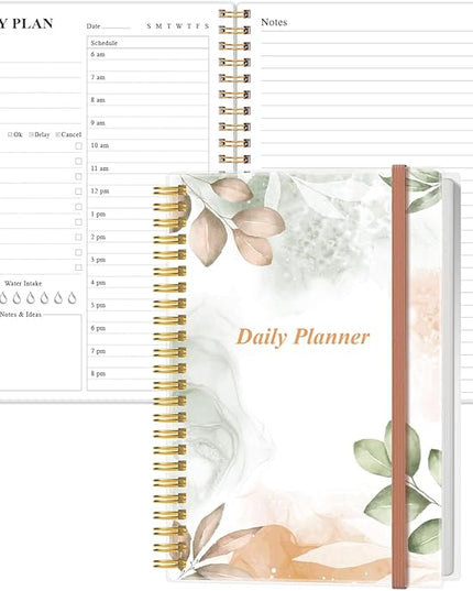 Daily Planner Undated - A5 To Do List Notebook Hourly Schedules, Spiral Appointment Planner for Women and Men, PVC Hardcover, Inner Pocket, Elastic Closure, 5.8" x 8.3", Rose Leaf