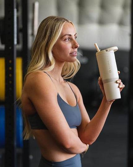 HydroJug Sport - Stainless Steel Tumbler with Straw, Vacuum Insulated, 20oz Leakproof Water Bottle, Ergonomic Design, Reusable, Dishwasher Safe, Rubber Base, Durable for Gym or Outdoors, Cream