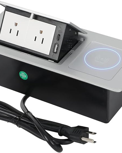 Pop Up Outlet with 15W Wireless Charger, Power Strip with 2 AC Outlets, USB A and USB C Charging Ports Recessed Multimedia Strip Socket Hidden Table Connection Box with Outlet (Sliver-F-Wireless)