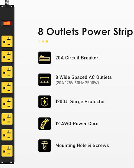 20Amp Power Strip Surge Protector, Durable Metal 8-Outlets with Heavy Duty 20 amp 15Ft 12 Gauge Extension Cord for Garage Workshop & Industrial Use, 1200J