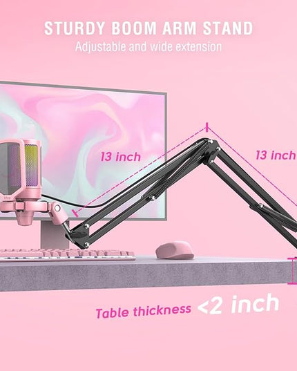 FIFINE Gaming USB Microphone Kit, PC Streaming Recording Computer RGB Microphone Set for Podcasting, Singing, YouTube, Condenser Cardioid Mic with Quick Mute, Gain Knob-A6T Pink