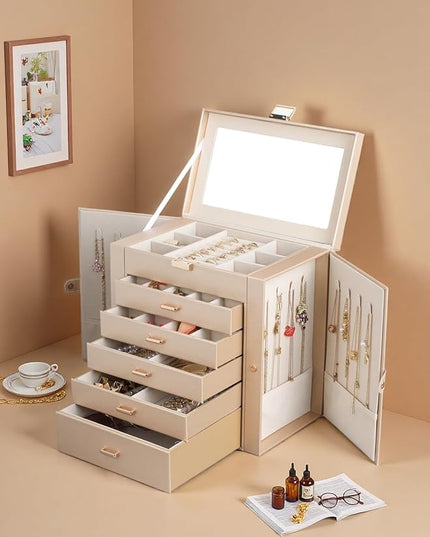 BOOVO Jewelry Box For women, 6 Layer Large Jewelry Organizer With Mirror, Multi-Function Storage Box With Lock, Necklace Holder With 5 Drawers, For Earrings Necklace Bracelet (Champagne Gold)