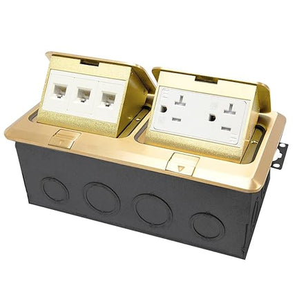 ENERLITES Dual Pop-Up Floor Box Kit, 8.68" X 4.75" Cover, 20A Tamper-Weather Resistant Receptacle Outlets, RJ45 Data Ports, Watertight Gasket, Corrosive Resistant Hardware, Brass (962301-C-D)