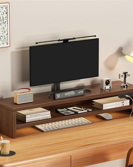 Wooden Monitor Stand Riser with Charging Ports, Dual-Layer Computer Stand, MDF Desktop Organizer for Computer, Laptop, Printer, TV, Easy Assembly Monitor Shelf of Desk(Brown,50x20x15cm)