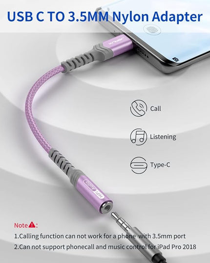 USB Type C to 3.5mm Female Headphone Jack Adapter, JSAUX USB C to Aux Audio Dongle Cable Cord Compatible with iPhone 17 Pro Max/16 Pro/15 Plus, Samsung Galaxy S23/S22/S21 Ultra, iPad Pro, Pixel Purple