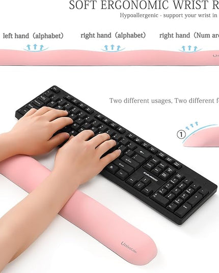 UnivoColors Design-Wave Keyboard Wrist Rest, Artificial Sheepskin+Memory Foam+Ergonomic+Anti-Slip Gel, Resilience Support During Work and Gaming,Keyboard Accessory,Pink