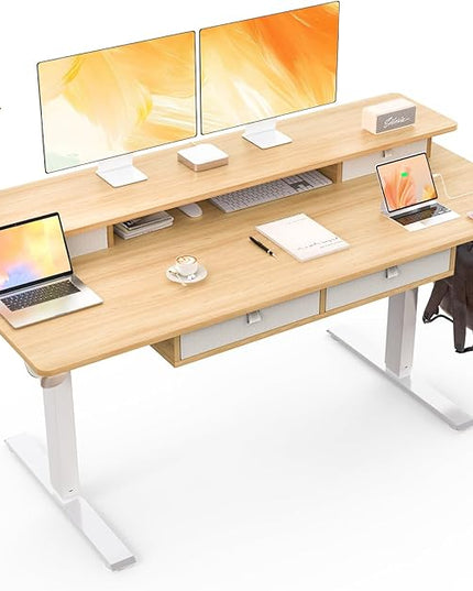 Electric Standing Desk, 63 * 30 Inches Adjustable Height with 4 Drawers, Double Storage Shelves, Home Office Workstation Sit Stand up Desk (Nature)