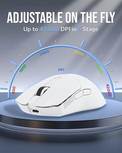 EPOMAKER Click Gaming Mouse Wireless 2.4Ghz/BT/Type-C, 800 to 42,000 DPI Adjustable, 8K Polling Rate, 500mAh, Lightweight Optical Mouse, for PC/Mac/Linux (White)