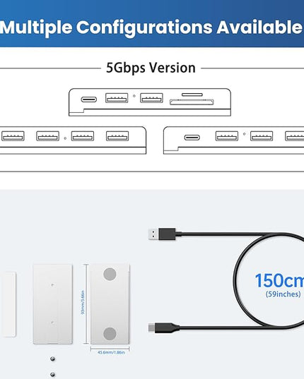 EJAY 5-in-1 Magnetic USB 3.0 Hub with SD/TF Card Reader, 2 USB-A + 1 USB-C Ports, Includes Sliding Rail, Screws & Sticky Pads for MacBook Laptop PC Silver