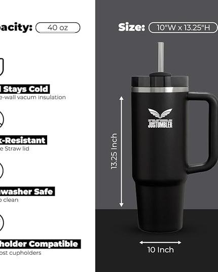 40 Oz Insulated Tumbler with Handle and Straw, Stainless Steel Coffee Travel Mug with Lid, Leak Proof Water Bottle with Accessories, Black