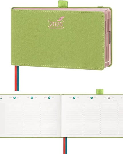 BEZEND Pocket Planner 2026 Weekly and Monthly (6" x 3.75") Small Calendar Book with Daily Vertical Timeslot (Jan-Dec), Equal Space Even Weekend, Work Home Women, PU Leather Hardcover - Fruit Green