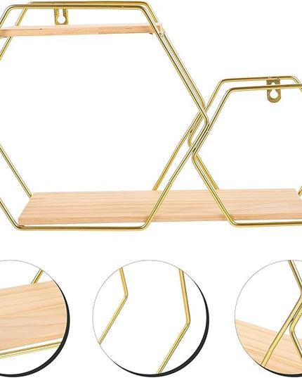Hexagonal Wall Floating Shelf Metal and Wood Wall Shelves Gold Decorative Storage Rack for Bedroom Living Room Display and Home Organization