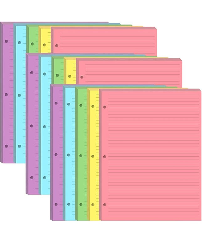 (3-Pack) Colorful 3 Hole Lined Paper - 300 Sheets/600 Pages Loose Leaf Paper Line Refills, Per Color 60 Sheets, 8.5" x 11"