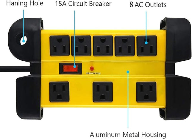 CCCEI Heavy Duty Surge Protector - 8 Outlet Power Strip with 1200 Joules, Metal with 6FT Extension Cord and Wide Spaced, Yellow
