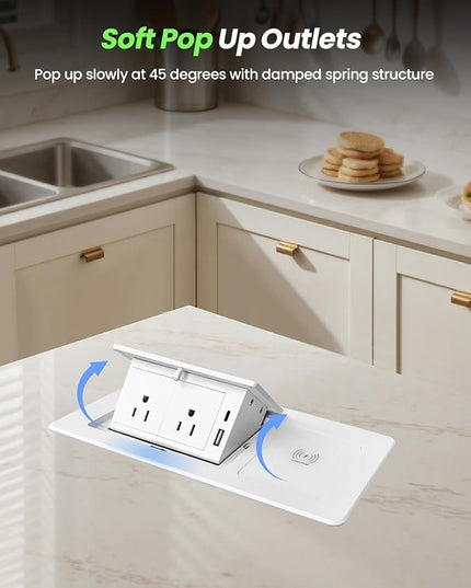 Conference Table Power Hub 15W Wireless Charger and PD20W Type-C Fast Charging, Pop up Outlet Desktop Connection Box with 2AC Outlets and USB Ports for Kitchen Countertop Conference Room, White