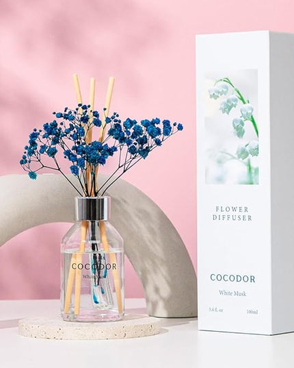 COCODOR Flower Reed Diffuser Set / 3.4oz / White Musk/Scent Diffuser with Sticks Home Fragrance Reed Diffuser for Bathroom Shelf Decor