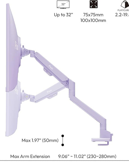 Pixio PS1S Wave Purple Single Monitor Arm Stand Desk Mount - Fits up to 32 inches Monitors and up to 19.8lbs. VESA Compatibility and Integrated Cable Management