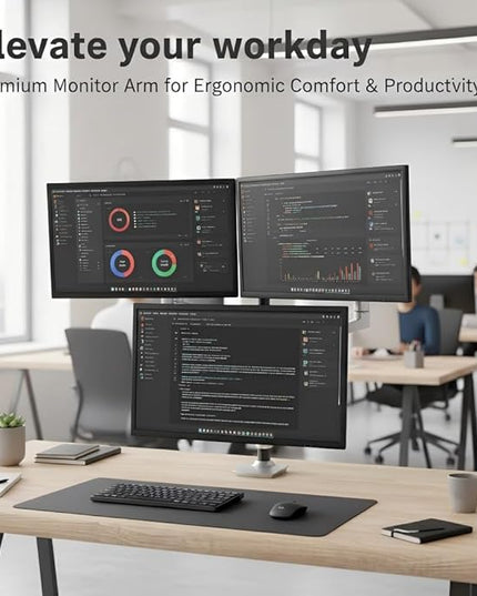 Triple Monitor Mount, Holds Screens up to 40 Inches and 25 lbs, Fully Adjustable 3 Monitor Desk Mount with C-Clamp and Grommet Base, Aluminum, Silver