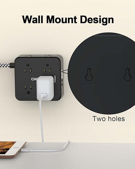 Surge Protector Power Strip - CHCORE 20Ft Braided Extension Cord with 8 Outlets with 4 USB (2 USB C) Charging Ports, Flat Plug Multi Plug Outlet Extender Charging Station for Home Office, ETL, Black