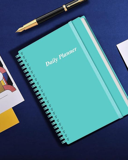 Daily Planner Undated - A5 To Do List Notebook Hourly Schedules, Spiral Appointment Planner for Women and Men, PVC Hardcover, Inner Pocket, Elastic Closure, 5.8" x 8.3", Teal