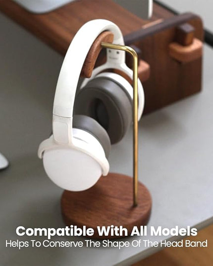 Unchained Workshop Handmade Brass and Wood headphone stand, Headset Stand for Desk, compatible with all models
