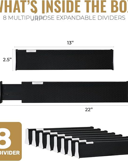 RAPTUROUS Adjustable Drawer Dividers 8 Pack, 2.5" High, 13-22" Long, Dresser Drawer Organizer for Bedroom, Closet, Kitchen, Nursery, Office, Strong Hold, Soft Foam Edges, Black