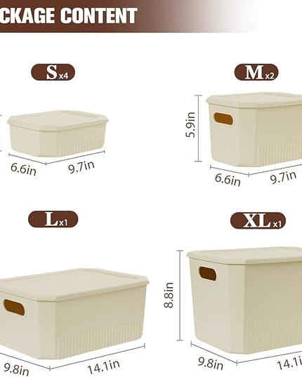 ANMINY 8PCS Plastic Storage Bins Containers with Lids, Large Storage Organization Bins Boxes, Lidded Plastic Storage Baskets for Closet Shelves Drawers Desktop Home Office, Ivory